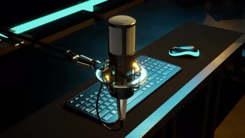 Professional Podcast Studio Desk with Glowing Microphone and Keyboard