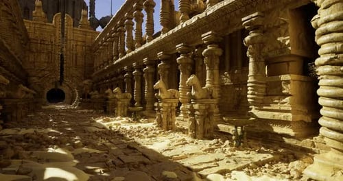 Majestic Ancient Temple Ruins with Detailed Carvings and Sunlit Pathway
