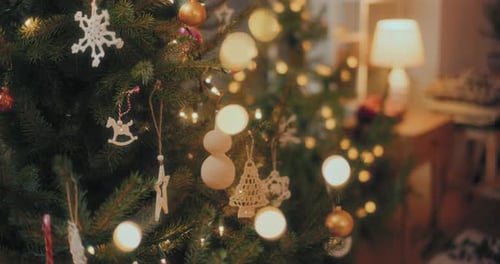 Christmas Tree Ornaments and Lights in Cozy Home