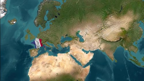 Waving French Flag Animates Over Satellite Map of France