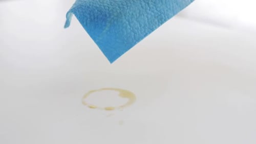 People, Housework And Housekeeping Concept - Hand In Rubber Glove Applying Cleanser To Rag And Cl...
