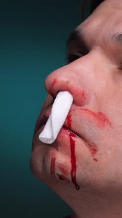 Vertical Video Man Suffering From Nosebleed Holding Tissue Against Nostrils Stopped with a Tampon