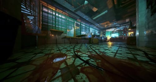 Abandoned Diner with Eerie Lighting and Scattered Debris in Urban Setting