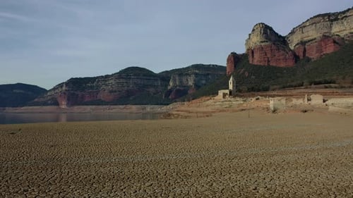 Aerial view of the Sau reservoir in drought.