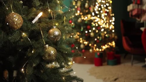 Festive Christmas Tree with Santa Putting Gifts