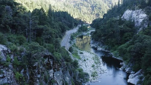 Amazing canyon with calm river and lush forest covering mountainside, aerial