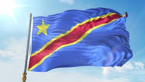 Democratic Republic of Congo National Flag Waving in Blue Sky