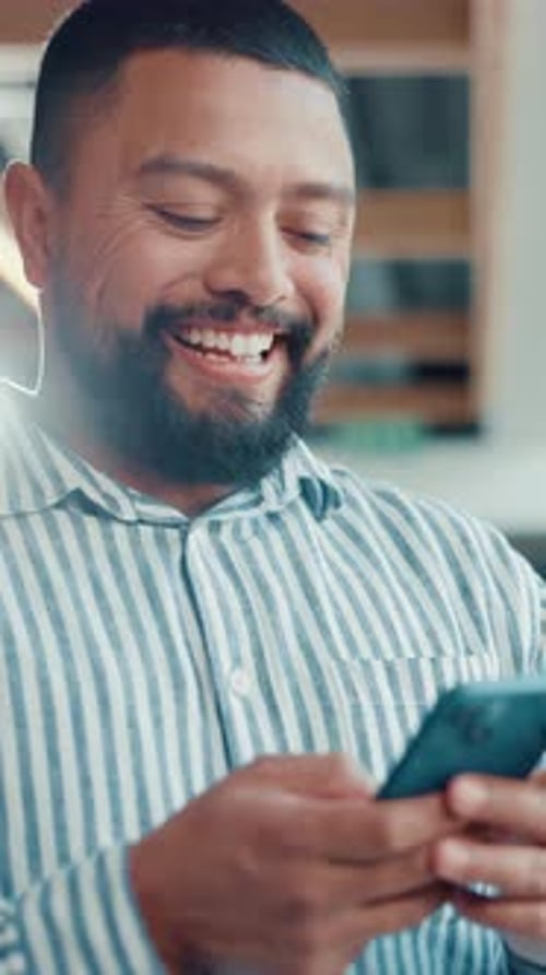 Below, business and man with phone in office for research, social media and funny chat