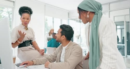 Learning, computer and teamwork with business people in office for strategy