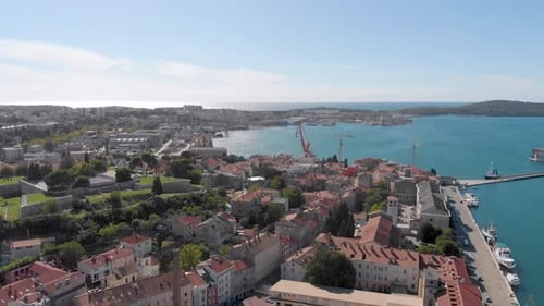 Breathtaking Aerial View above Croatia City & Boat Port on Adriatic Sea Coast