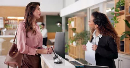 Business woman, hotel and reception check in for corporate seminar with guest paperwork and admin