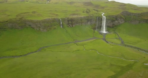 Aerial view over Seljalandsfoss waterfalls aerial view, Iceland