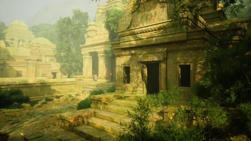 Jardin paisible au lever du soleil Cour tranquille du vieux temple à l'aube