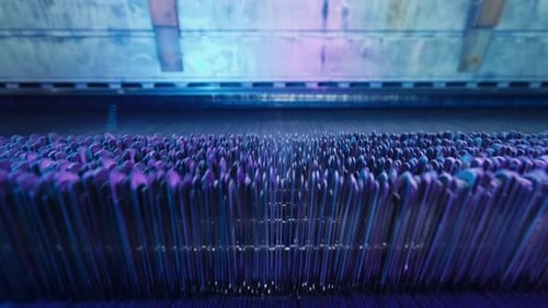 Weaving loom industrial textile production at work. close up, slow motion. 4K . 2