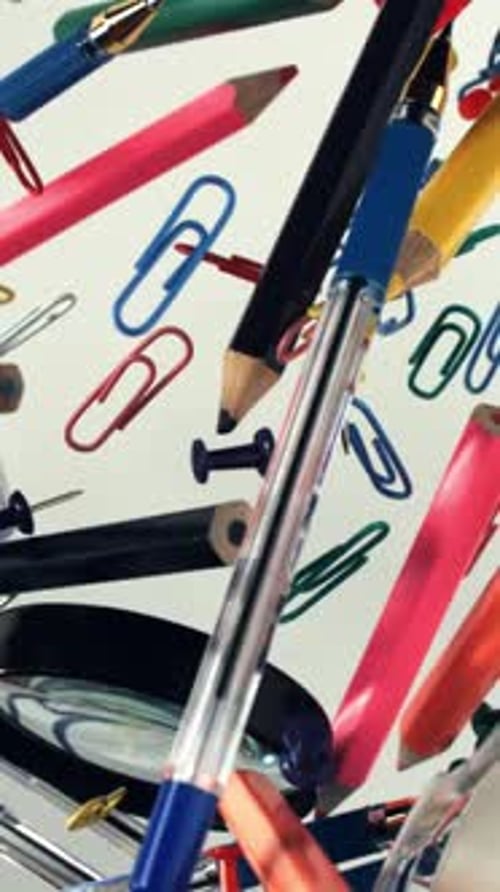 Different School Tools Fly Up and Down Back to School Filmed on a Highspeed Camera at 1000 Fps