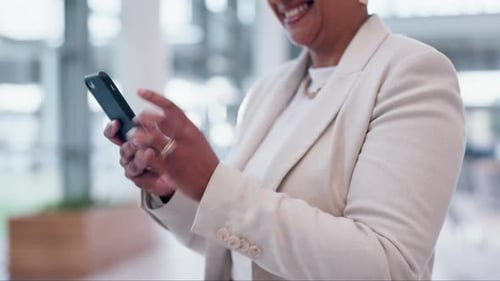 Phone, hands or businesswoman laughing in office on social media, internet post