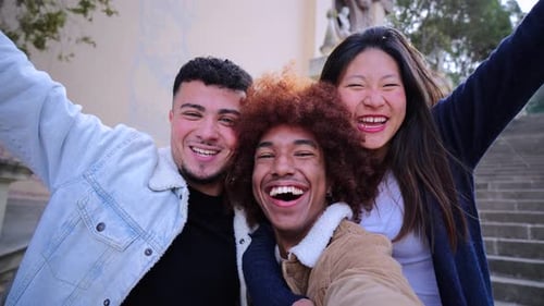 Three Friends Posing for Selfie in the City