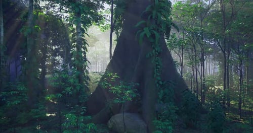 Majestic Tree Surrounded By Lush Greenery and Soft Sunlight in Peaceful Forest