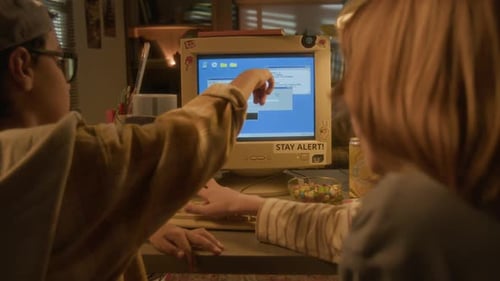 Back View Two Boys Pointing at Computer Screen in 90s