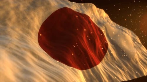 Waving Flag of Japan with Golden Particles Background