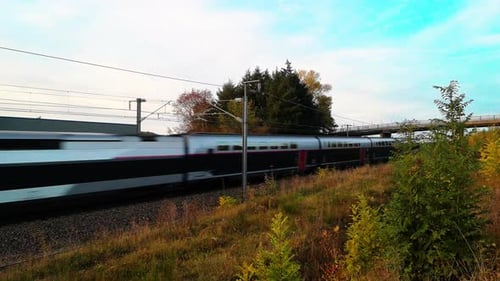 High Speed train.
TGV train accelerating on a railway track near Cluny in Burgundy Region - France.