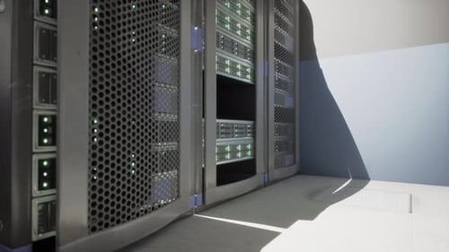 Server Room with Active Rows of Supercomputers