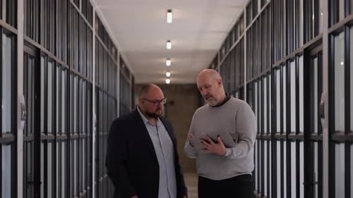 Two office workers meet in corporate hallway and discuss work on laptop