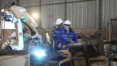 Blue collar workers at machine shop with welding robot arm.