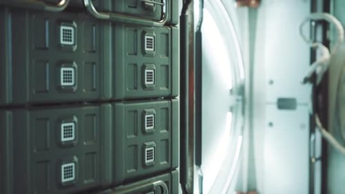 Interior of a Space Station with Storage Units and Circular Machinery