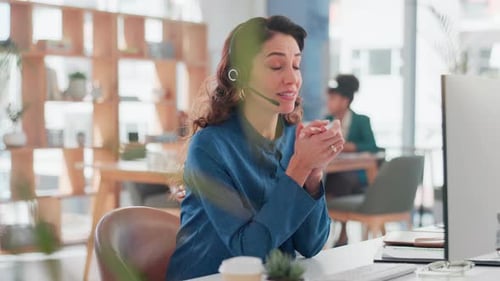 Woman, contact and talking in call center for telemarketing, customer service and FAQ in office
