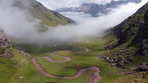 Aguas Tuertas, Spanish Pyrenees, Spain - Aerial Drone View of the Green Valley, Curved River, Mounta