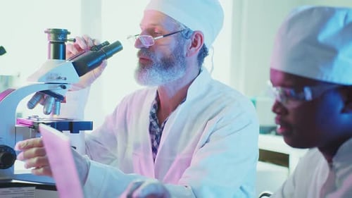 Senior Scientist Using Microscope with Young Colleague in Laboratory