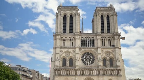 The facade of the Cathedrale Notre-Dame de Paris in France with the blue sky on the background