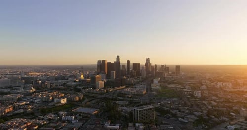 Los Angeles downtown view on cinematic sunset.