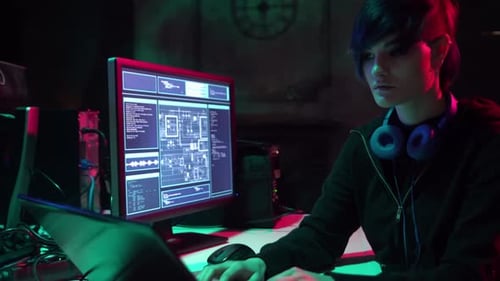 Focused Coder Working at Computer in a Dark Room