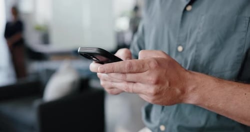 Hands, phone and typing with business person in office for alert, communication or notification