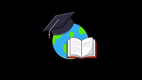 Animated Education Concept with Globe, Graduation Cap, and Book
