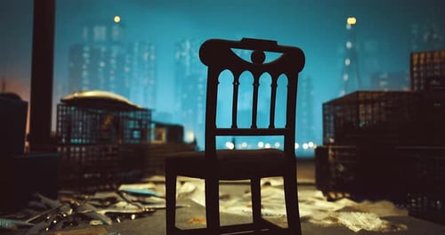 Chair Silhouetted Against a City Skyline with Ambient Lighting at Night