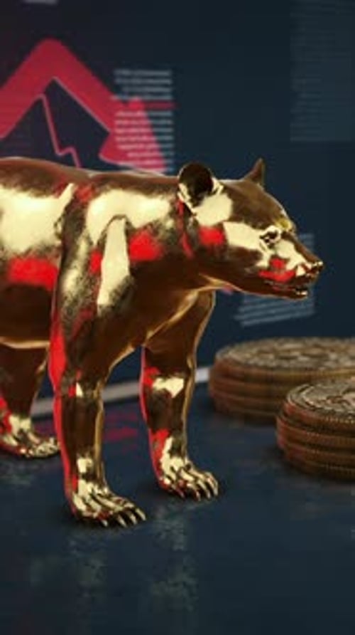Bear Market Falling Financial Chart With Golden Bear Vertical 3D Loop 4K