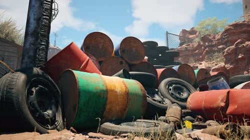 Rusted Barrels and Tires in Abandoned Junkyard Scene
