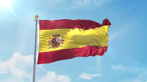 Realistic Spanish Flag Waving Seamless Loop in Blue Sky