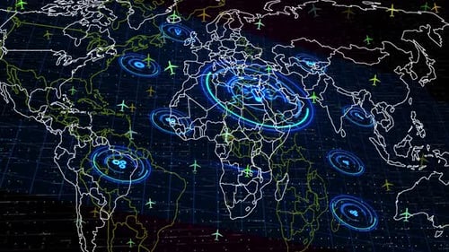 Hightech-Visualisierung digitaler Weltkarten mit leuchtenden blauen HUD-Oberflächenelementen, Radar