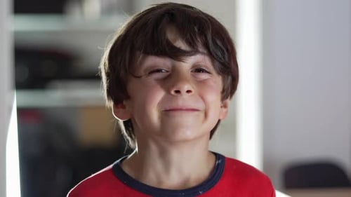 Close-up of young boy smiling gently at the camera, soft facial expression, boy looking directly