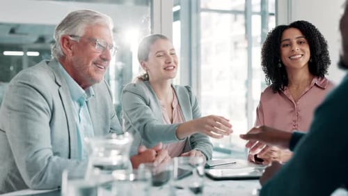 Business people, applause and shaking hands in office for deal, b2b collaboration or teamwork