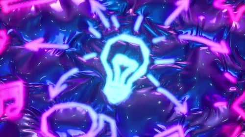 Neon Glowing Light Bulb with Arrows on a Shiny Colorful Background