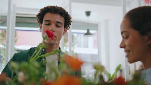 African Guy Smell Flower Composition in Store Joyful Man Choose Hold Bouquet