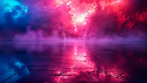 Dramatic, vibrant, neon sky over a reflective surface