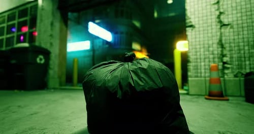 Garbage Bag Placed in an Urban Alley with Colorful Lights at Night
