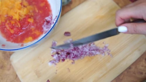 Chopping Onion Wooden Board Cooking Preparation Person Dicing Red Onion on a Wooden Cutting Board in