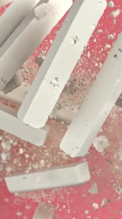 School Chalk Flying on a Pink Background Filmed on a Highspeed Camera at 1000 Fps